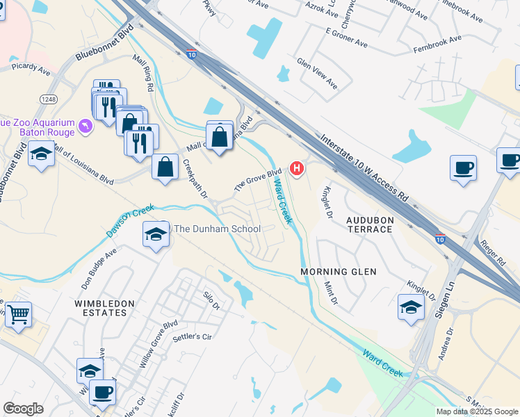 map of restaurants, bars, coffee shops, grocery stores, and more near 10222 The Grove Boulevard in Baton Rouge