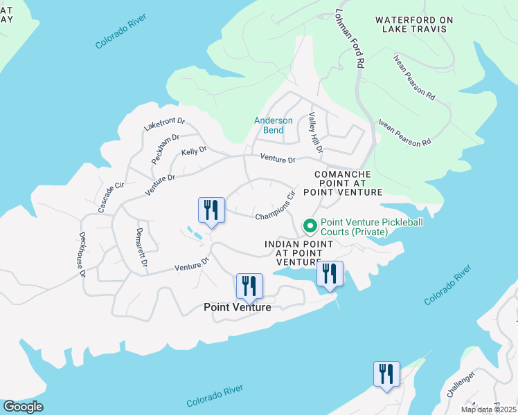 map of restaurants, bars, coffee shops, grocery stores, and more near 18648 Champions Circle in Lago Vista