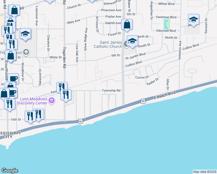 map of restaurants, bars, coffee shops, grocery stores, and more near 1123 Ocean View Drive in Gulfport