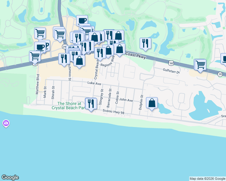 map of restaurants, bars, coffee shops, grocery stores, and more near 84 Cobia Street in Destin