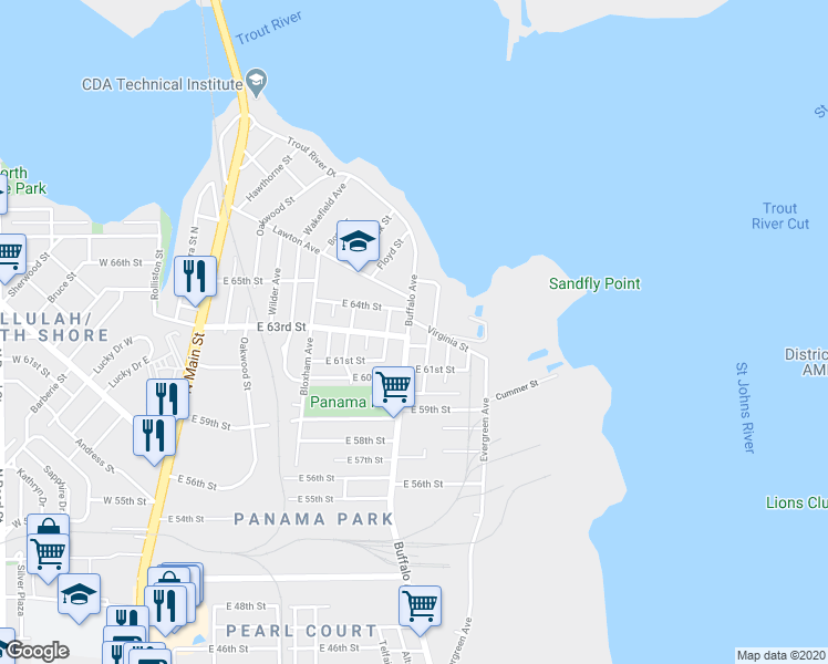 map of restaurants, bars, coffee shops, grocery stores, and more near 7124 Nelms Street in Jacksonville