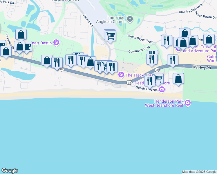 map of restaurants, bars, coffee shops, grocery stores, and more near 1080 U.S. 98 in Destin
