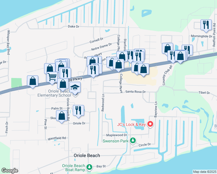 map of restaurants, bars, coffee shops, grocery stores, and more near 3240 Santa Rosa Drive in Gulf Breeze