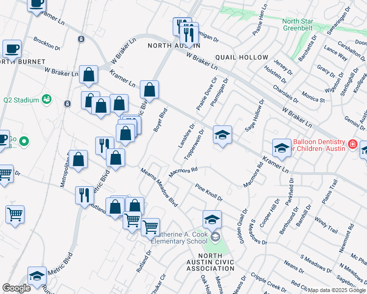 map of restaurants, bars, coffee shops, grocery stores, and more near 10611 Topperwein Drive in Austin