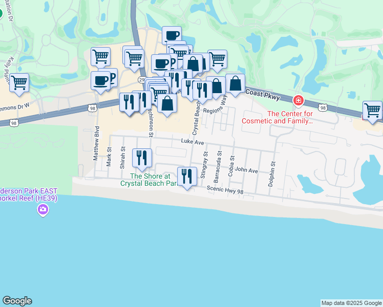 map of restaurants, bars, coffee shops, grocery stores, and more near 70 Crystal Beach Drive in Destin