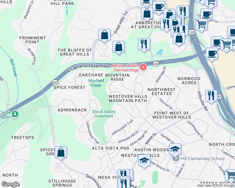 map of restaurants, bars, coffee shops, grocery stores, and more near 4505 Mountain Path Drive in Austin