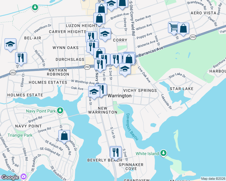 map of restaurants, bars, coffee shops, grocery stores, and more near 300 South 2nd Street in Pensacola