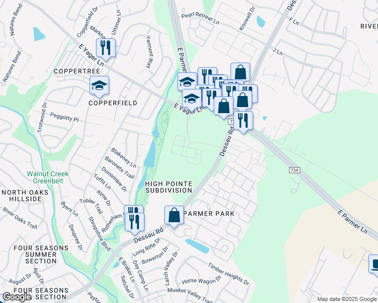 map of restaurants, bars, coffee shops, grocery stores, and more near 12220A Dessau Road in Austin