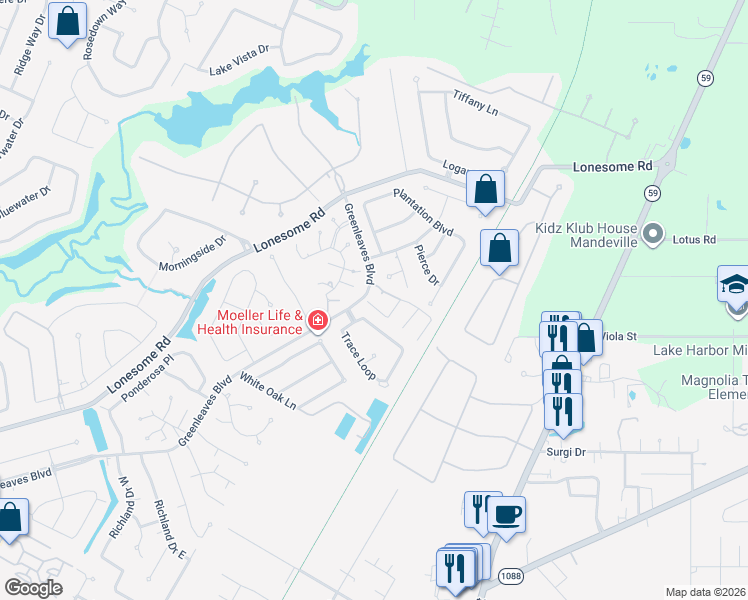 map of restaurants, bars, coffee shops, grocery stores, and more near 126 Pineridge Street West in Mandeville
