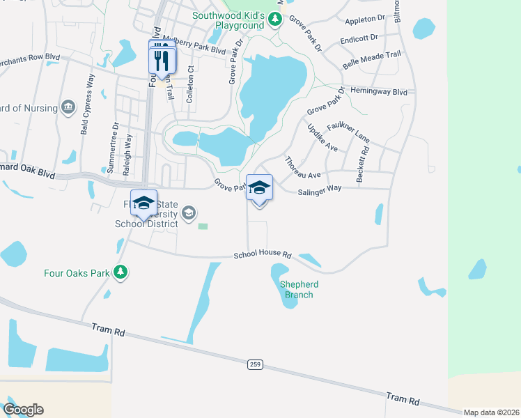 map of restaurants, bars, coffee shops, grocery stores, and more near 5101 Terrebone Drive in Tallahassee