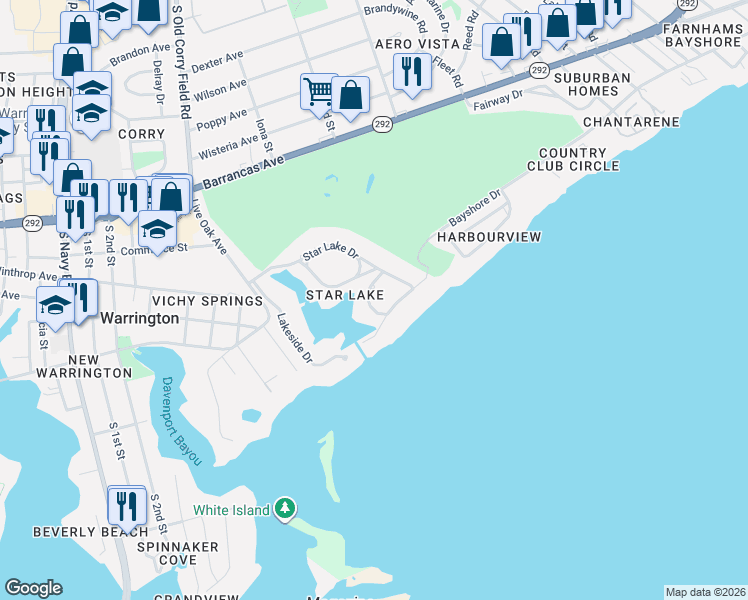 map of restaurants, bars, coffee shops, grocery stores, and more near 64 Star Lake Drive in Pensacola
