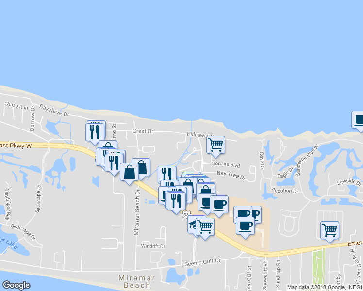 map of restaurants, bars, coffee shops, grocery stores, and more near 63 Mandevilla Lane in Miramar Beach