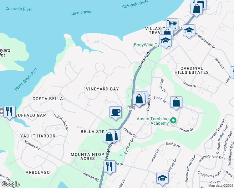 map of restaurants, bars, coffee shops, grocery stores, and more near 2208 North FM 620 in Austin