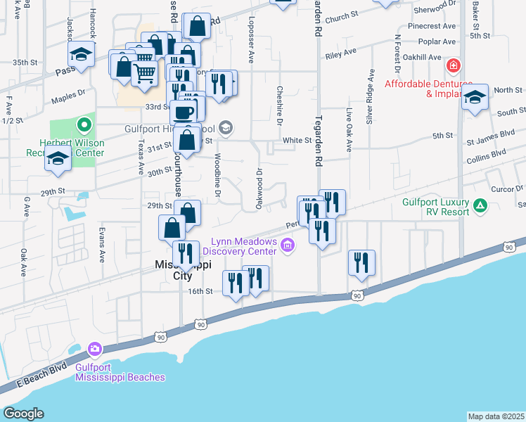 map of restaurants, bars, coffee shops, grocery stores, and more near 201 Oakwood Drive in Gulfport