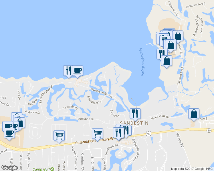 map of restaurants, bars, coffee shops, grocery stores, and more near 1 Harbour Point Lane in Miramar Beach