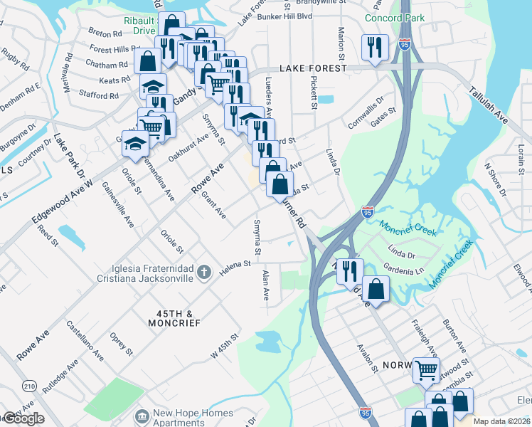 map of restaurants, bars, coffee shops, grocery stores, and more near 1341 Ida Street in Jacksonville