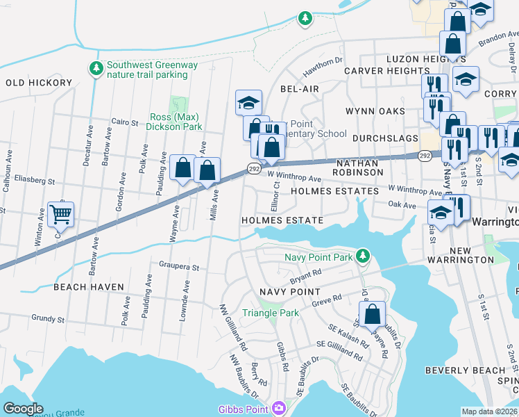 map of restaurants, bars, coffee shops, grocery stores, and more near 4 Ellis Drive in Pensacola