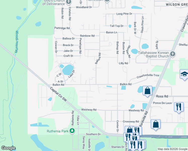 map of restaurants, bars, coffee shops, grocery stores, and more near 4136 Ballard Road in Tallahassee