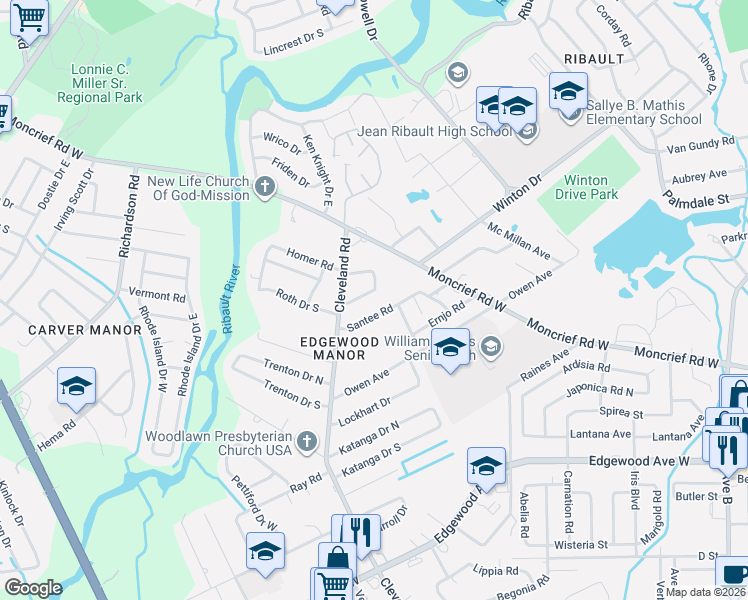 map of restaurants, bars, coffee shops, grocery stores, and more near 6811 Homer Road East in Jacksonville