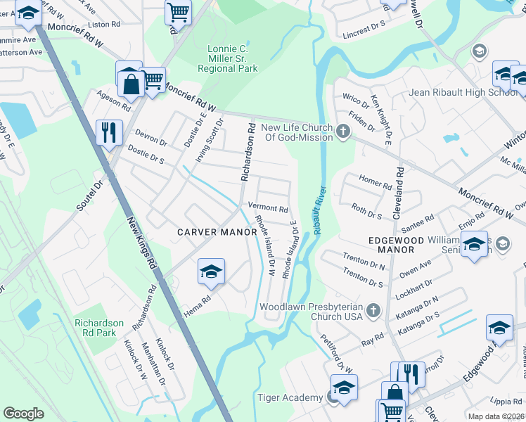 map of restaurants, bars, coffee shops, grocery stores, and more near 7214 Rhode Island Drive West in Jacksonville