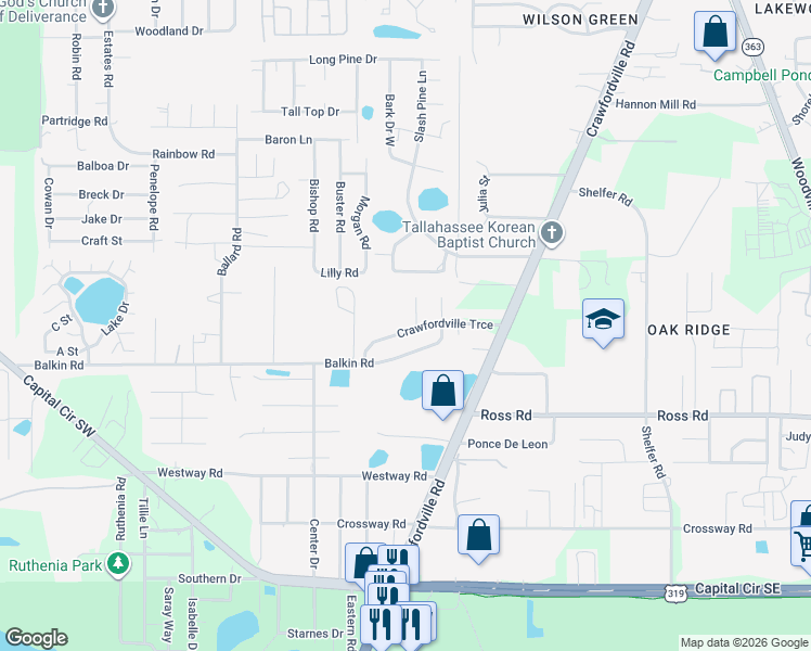 map of restaurants, bars, coffee shops, grocery stores, and more near 4422 Anastasia Court in Tallahassee
