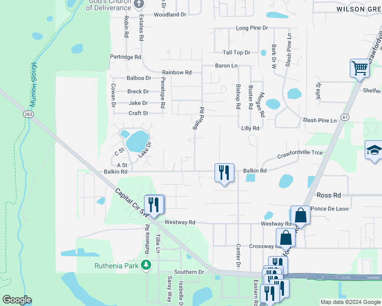 map of restaurants, bars, coffee shops, grocery stores, and more near 4136 Ballard Road in Tallahassee