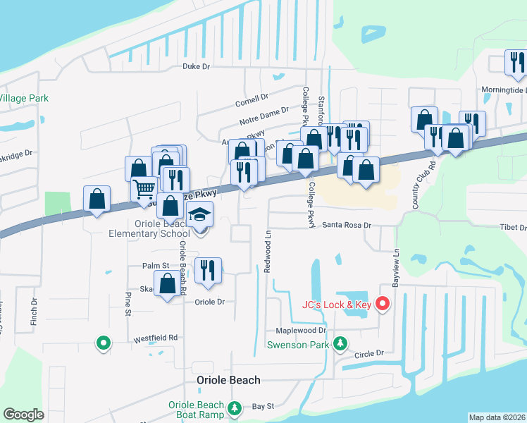 map of restaurants, bars, coffee shops, grocery stores, and more near 1319 Redwood Lane in Gulf Breeze