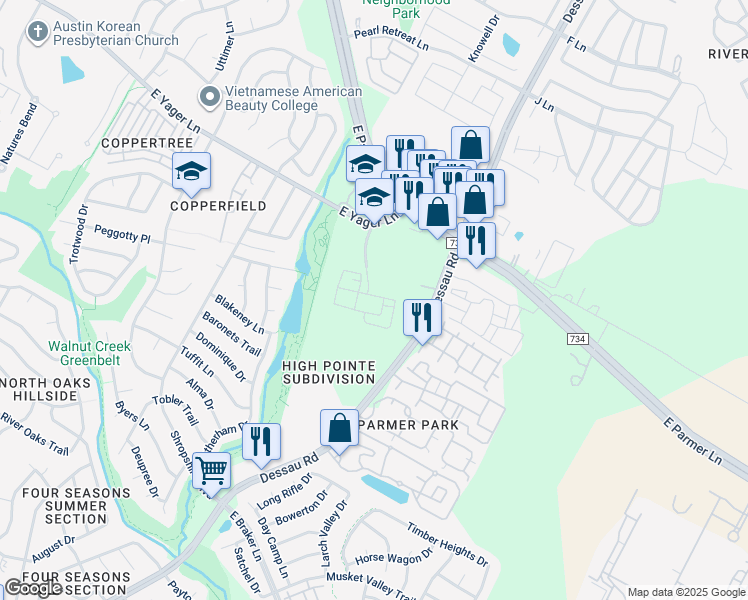 map of restaurants, bars, coffee shops, grocery stores, and more near 1612 Scottsdale Lane in Austin