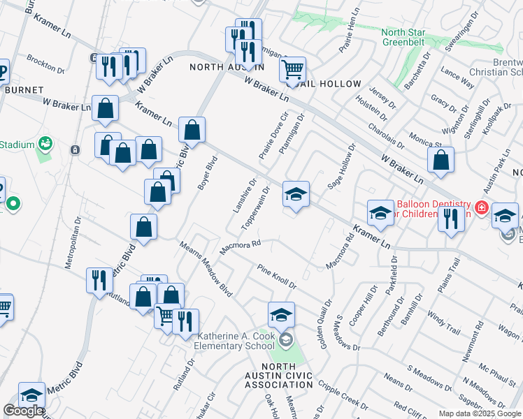map of restaurants, bars, coffee shops, grocery stores, and more near 10807 Topperwein Drive in Austin