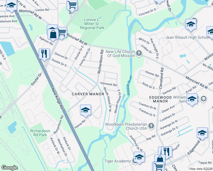 map of restaurants, bars, coffee shops, grocery stores, and more near 7214 Rhode Island Drive West in Jacksonville