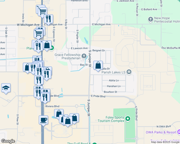 map of restaurants, bars, coffee shops, grocery stores, and more near South Juniper Street in Foley