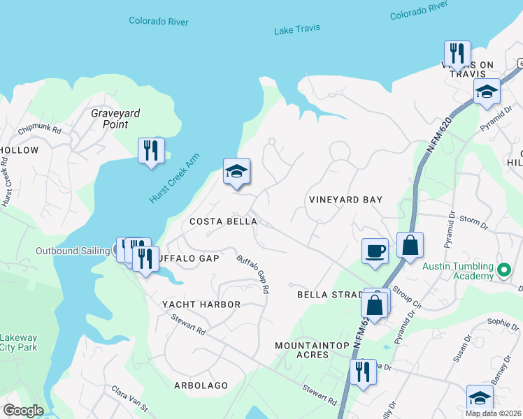 map of restaurants, bars, coffee shops, grocery stores, and more near 103 Costa Bella Cove in Austin