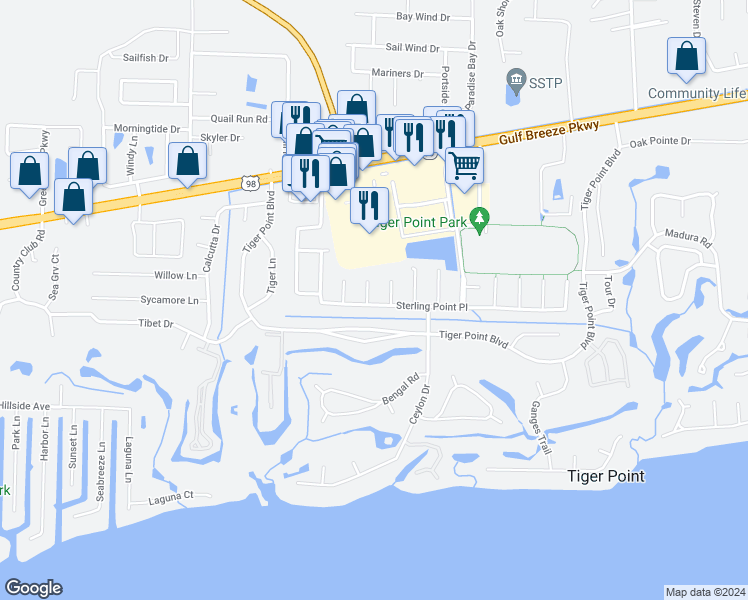 map of restaurants, bars, coffee shops, grocery stores, and more near 3742 Boardwalk Court in Gulf Breeze