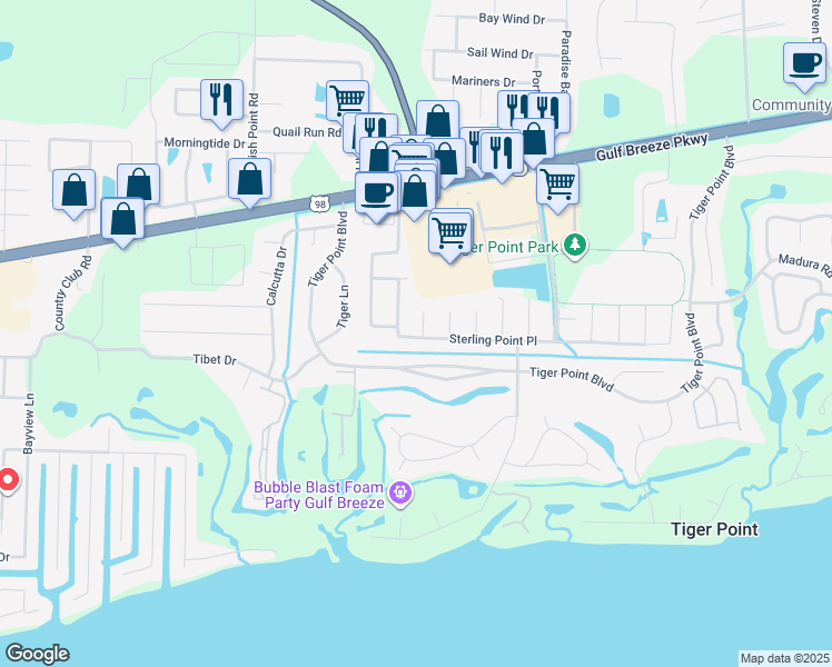 map of restaurants, bars, coffee shops, grocery stores, and more near 1334 Sterling Point Place in Gulf Breeze
