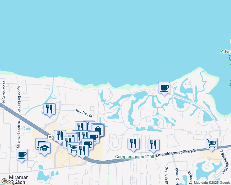 map of restaurants, bars, coffee shops, grocery stores, and more near in Miramar Beach