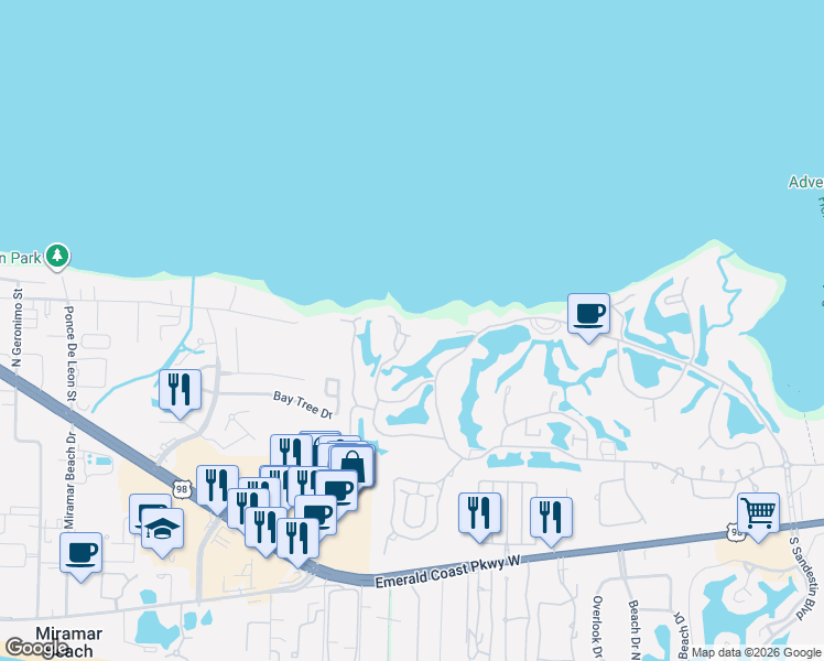 map of restaurants, bars, coffee shops, grocery stores, and more near in Miramar Beach