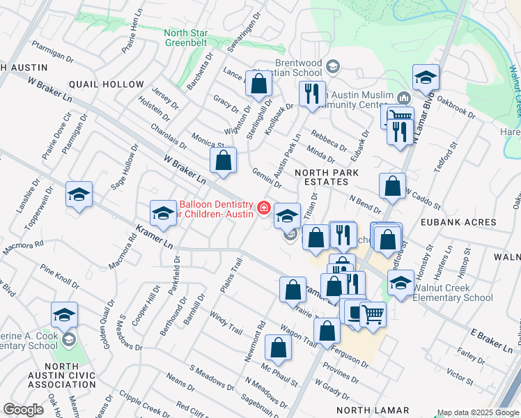 map of restaurants, bars, coffee shops, grocery stores, and more near 11001 Austin Park Lane in Austin
