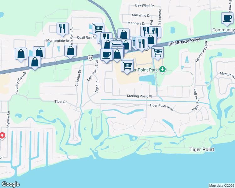 map of restaurants, bars, coffee shops, grocery stores, and more near 1334 Sterling Point Place in Gulf Breeze