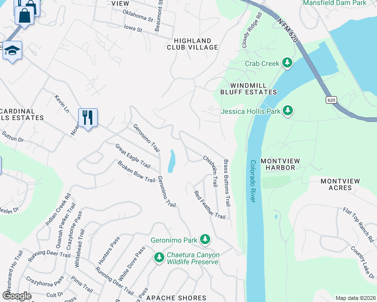 map of restaurants, bars, coffee shops, grocery stores, and more near 14412 Cochise Trail in Austin