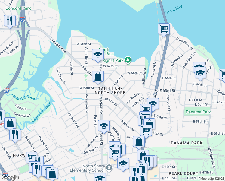map of restaurants, bars, coffee shops, grocery stores, and more near in Jacksonville