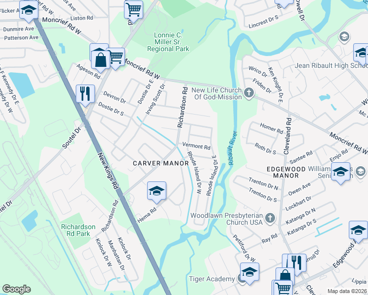 map of restaurants, bars, coffee shops, grocery stores, and more near 7214 Rhode Island Drive West in Jacksonville