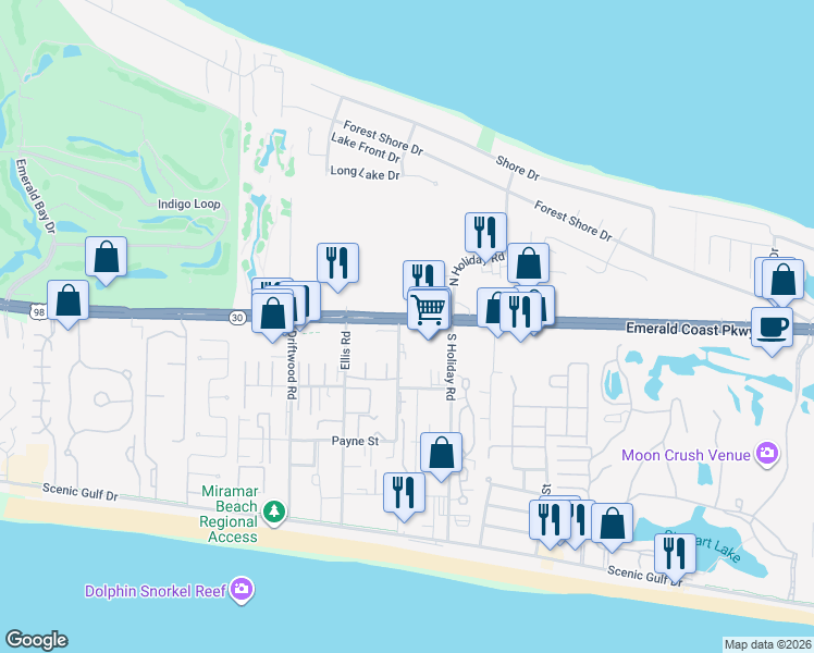 map of restaurants, bars, coffee shops, grocery stores, and more near 12724-12910 Emerald Coast Parkway in Miramar Beach