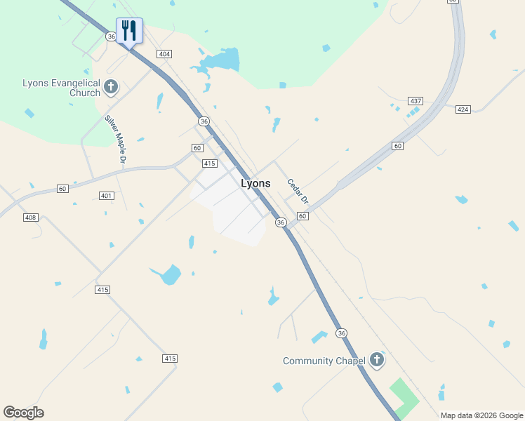 map of restaurants, bars, coffee shops, grocery stores, and more near in Lyons