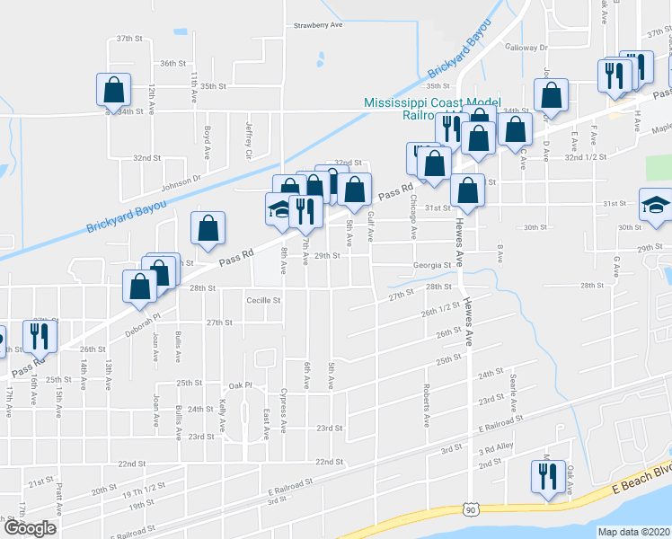 map of restaurants, bars, coffee shops, grocery stores, and more near 2816 6th Avenue in Gulfport