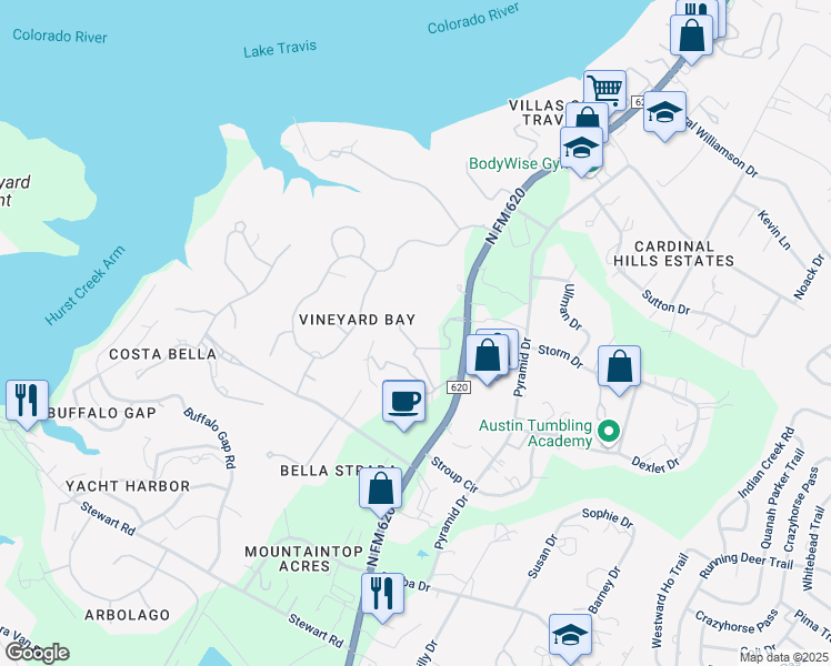 map of restaurants, bars, coffee shops, grocery stores, and more near 2208 North FM 620 in Austin