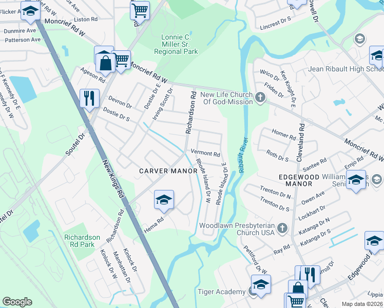 map of restaurants, bars, coffee shops, grocery stores, and more near 7214 Rhode Island Drive West in Jacksonville