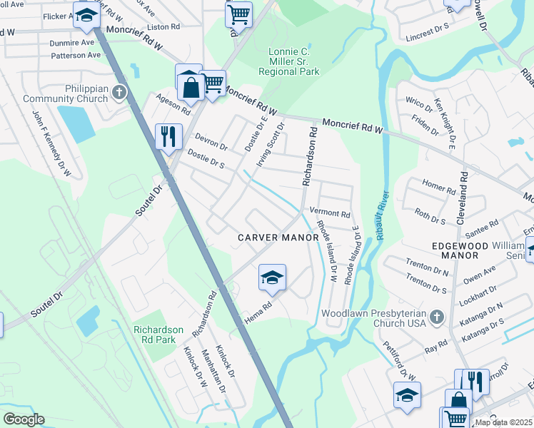 map of restaurants, bars, coffee shops, grocery stores, and more near 5086 Dostie Drive South in Jacksonville