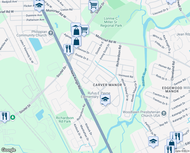 map of restaurants, bars, coffee shops, grocery stores, and more near 7161 Irving Scott Drive in Jacksonville