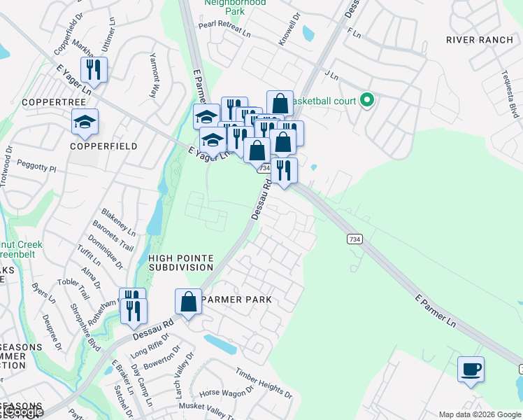 map of restaurants, bars, coffee shops, grocery stores, and more near 12225 Dessau Road in Austin