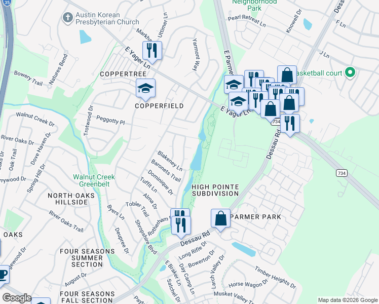 map of restaurants, bars, coffee shops, grocery stores, and more near 1406 Brixham Cove in Austin
